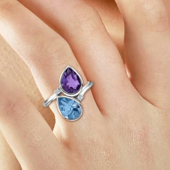 NWT African Amethyst, Sky Blue Topaz and Moissanite Bypass Ring Size 9 - Picture 5 of 13